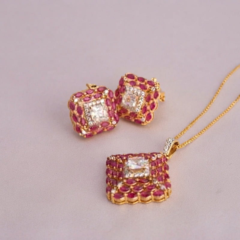 925 Silver Ruby Square Halo Pendant Set