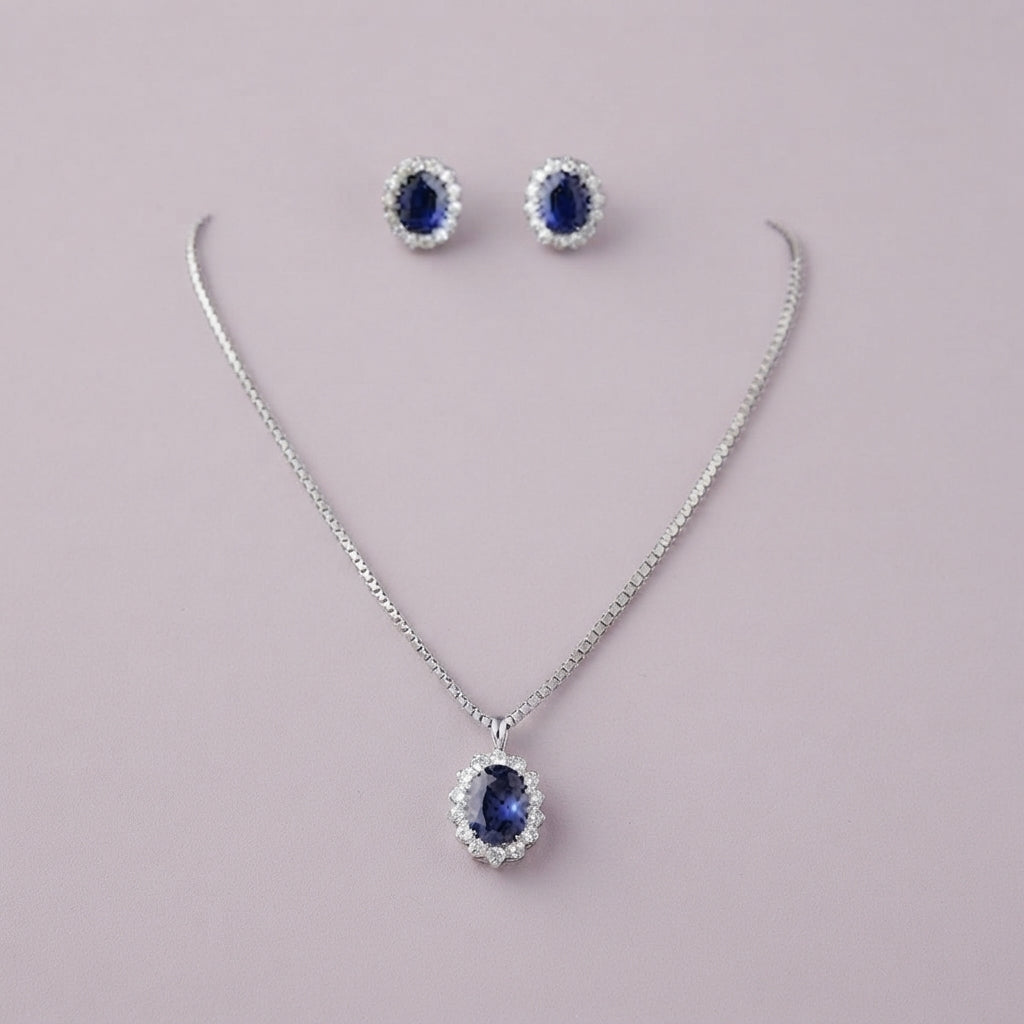 925 Silver Sapphire Oval Halo Pendant Set