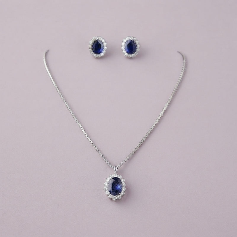 925 Silver Sapphire Oval Halo Pendant Set