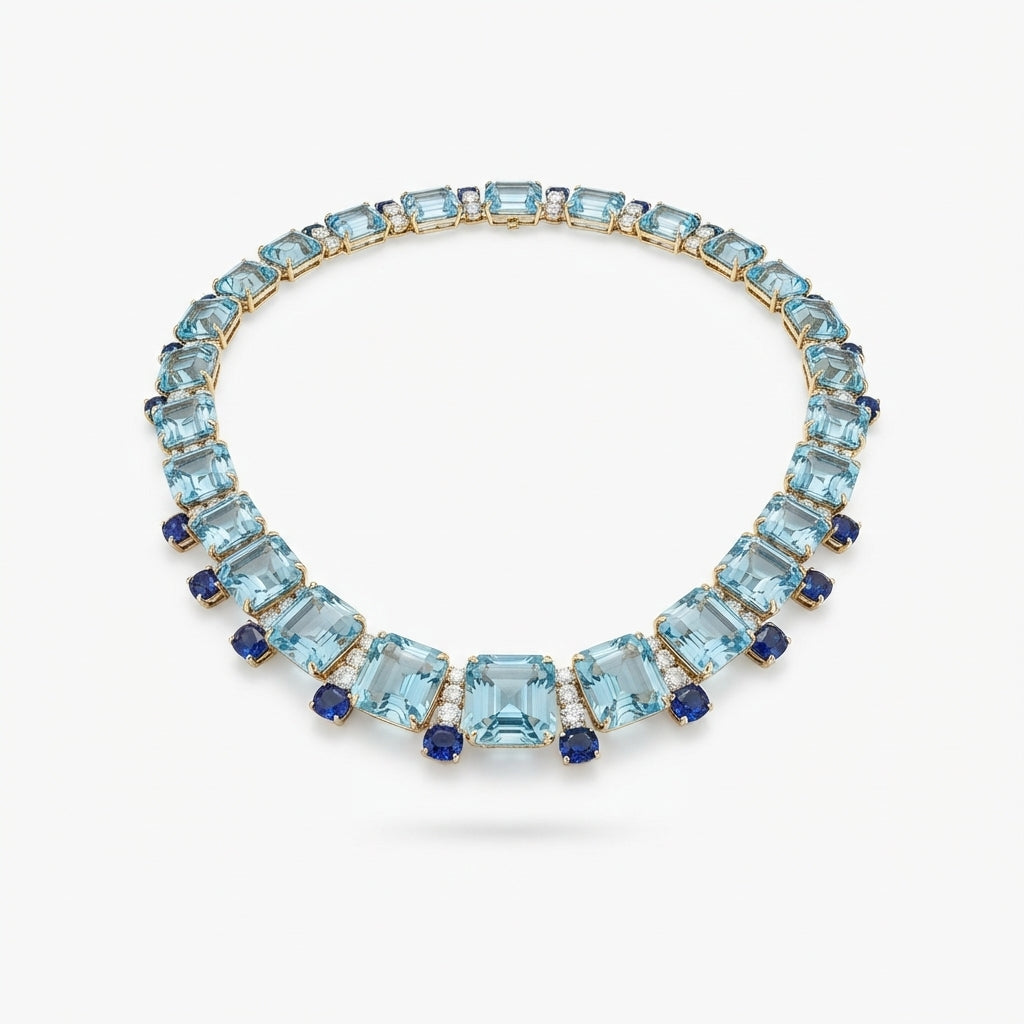 925 Silver Aquamarine and Sapphire Collar Necklace