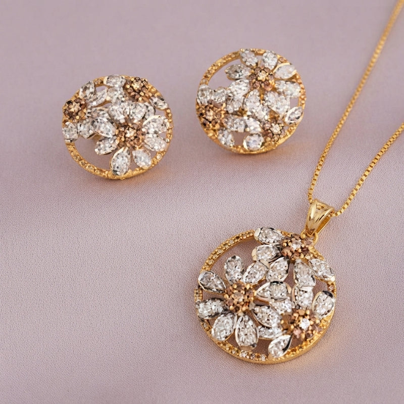 925 Silver Gold Floral Medallion Pendant Set
