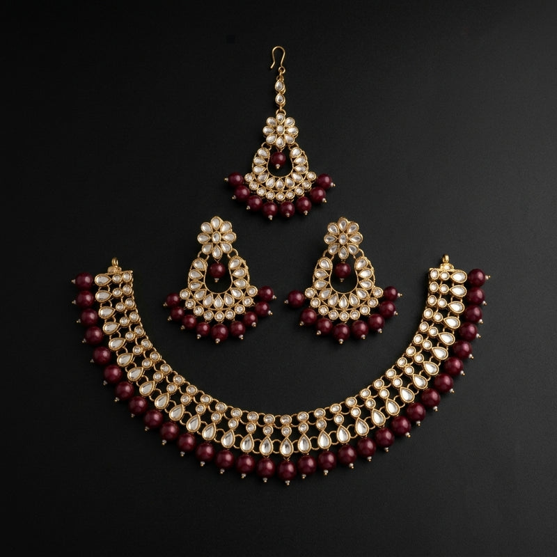 Maroon Bead Kundan Necklace Set with Tikka