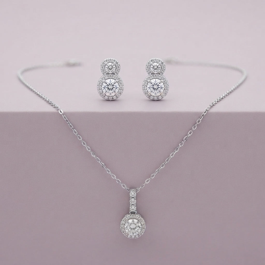 925 Silver Double Halo Pendant Set