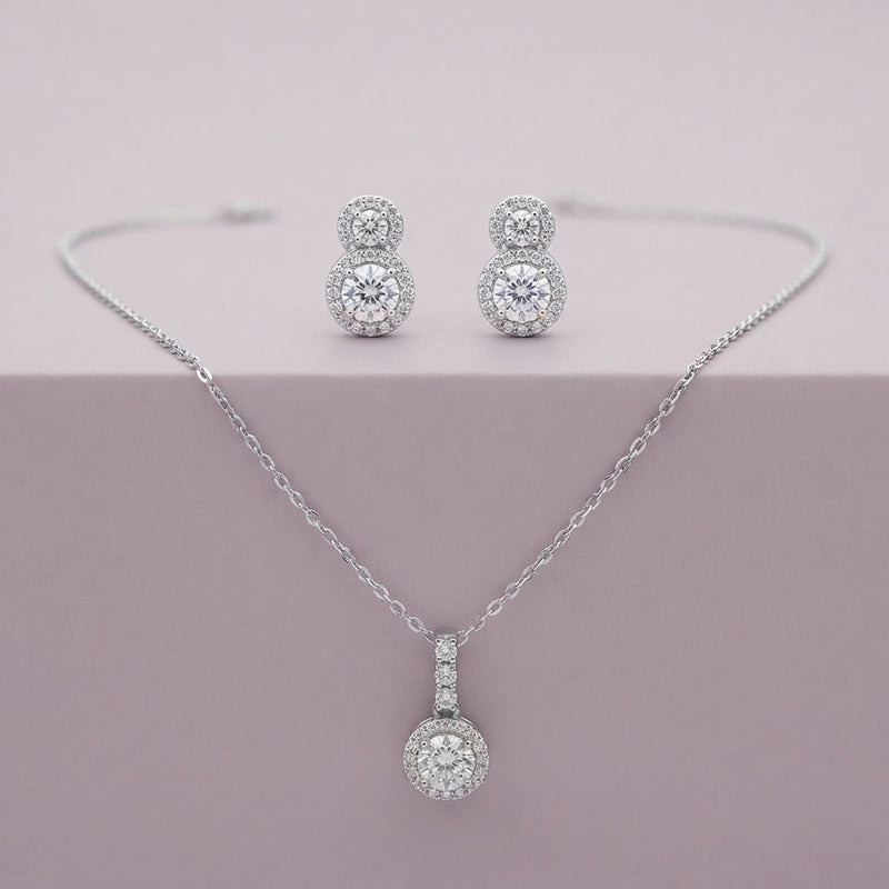925 Silver Double Halo Pendant Set
