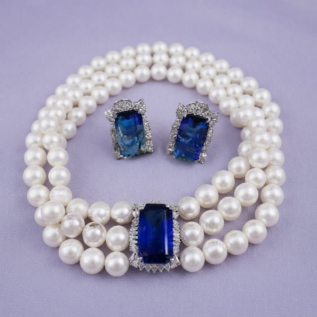 925 Silver Triple Pearl Sapphire Choker Set
