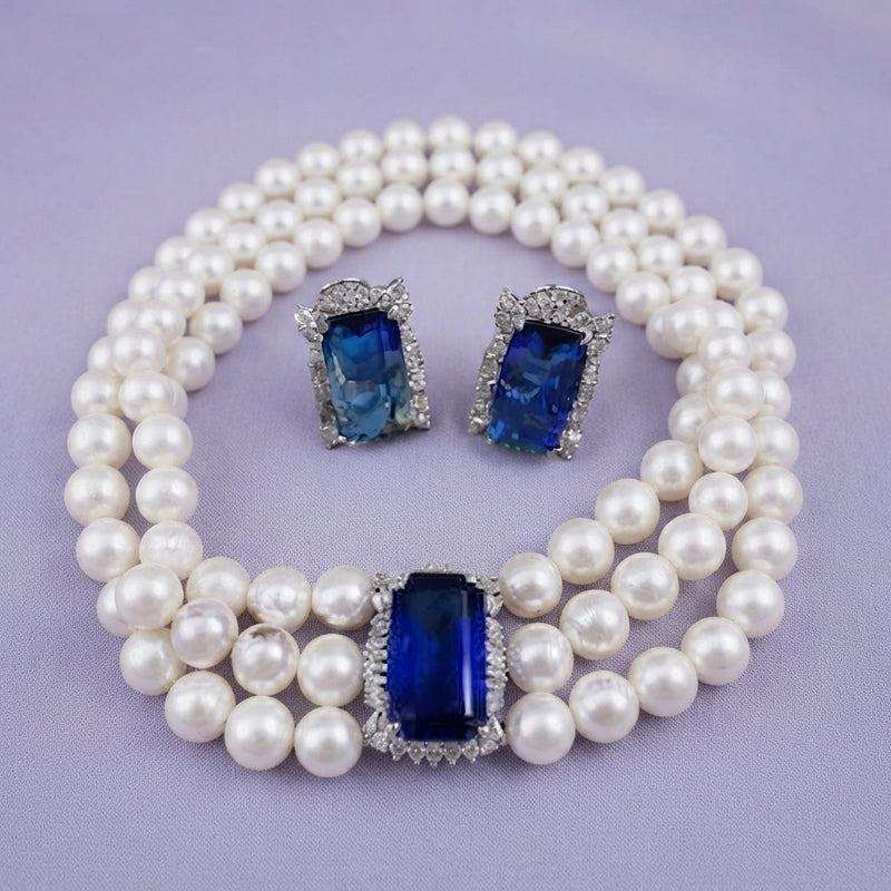 925 Silver Triple Pearl Sapphire Choker Set