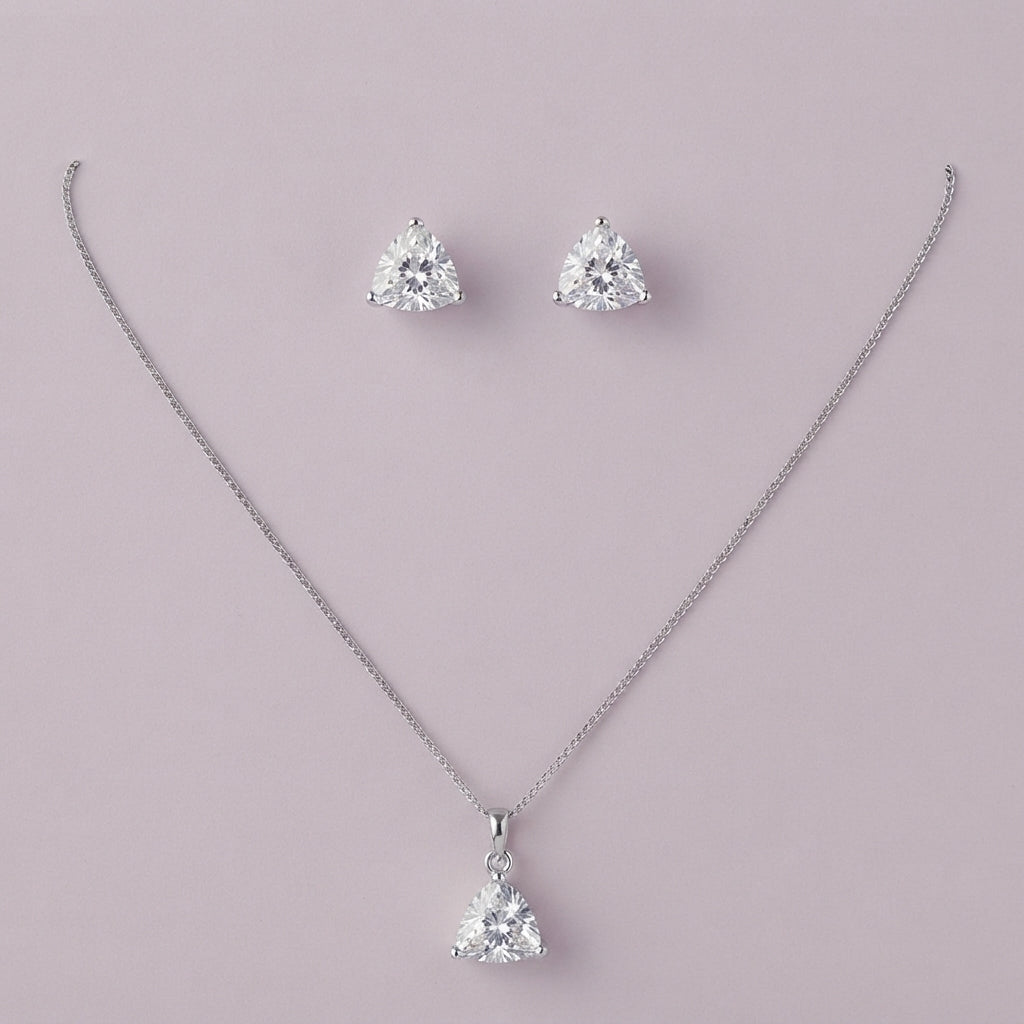 925 Silver Trillion Solitaire Pendant Set