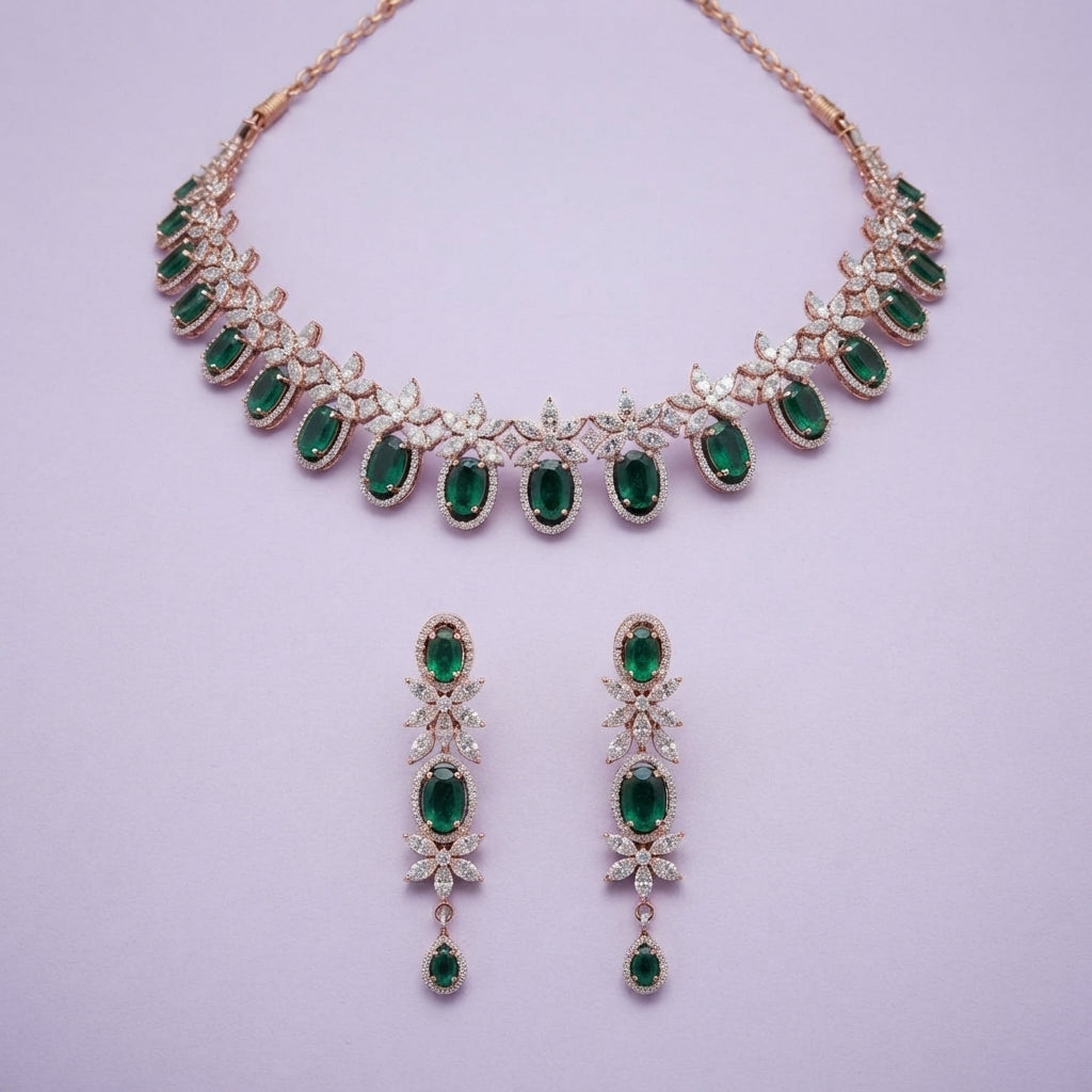 925 Silver Emerald Rose Gold Necklace Set
