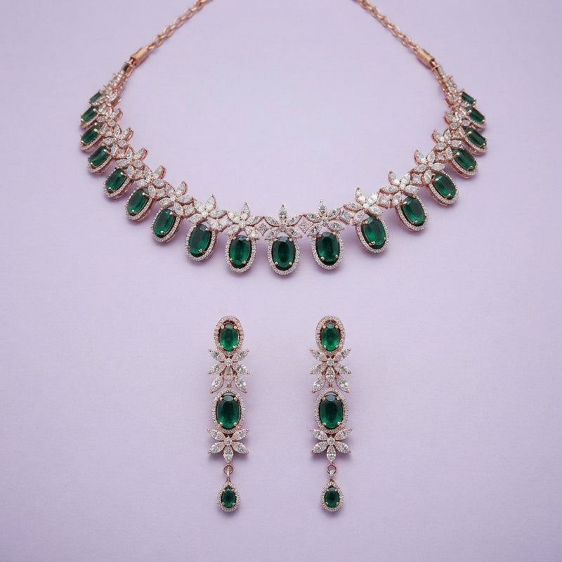 925 Silver Emerald Rose Gold Necklace Set