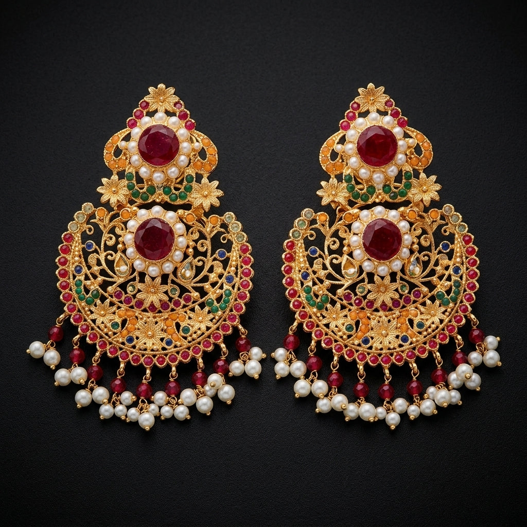 Ruby and Emerald Antique Chandbali Earrings