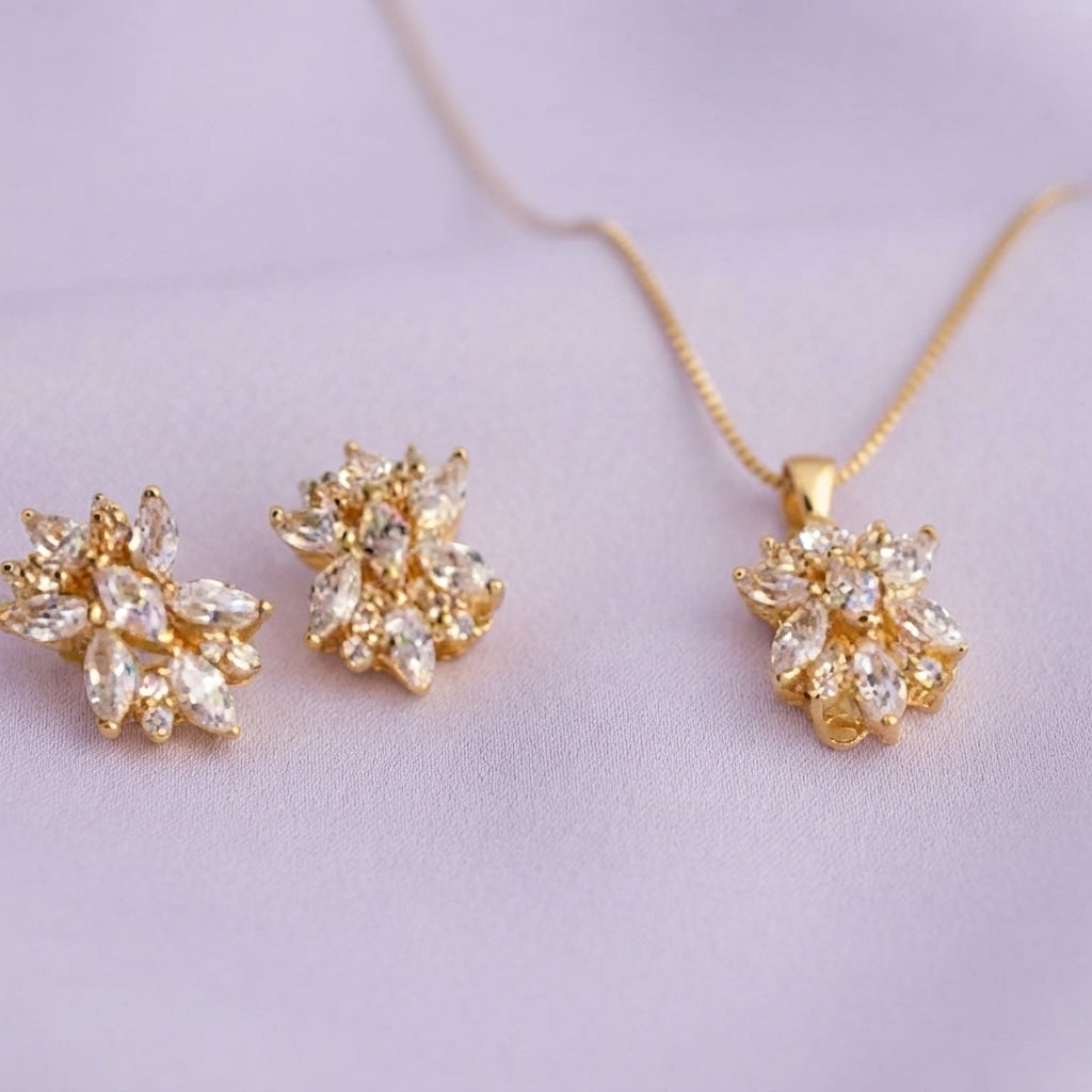 925 Silver Gold Marquise Cluster Pendant Set