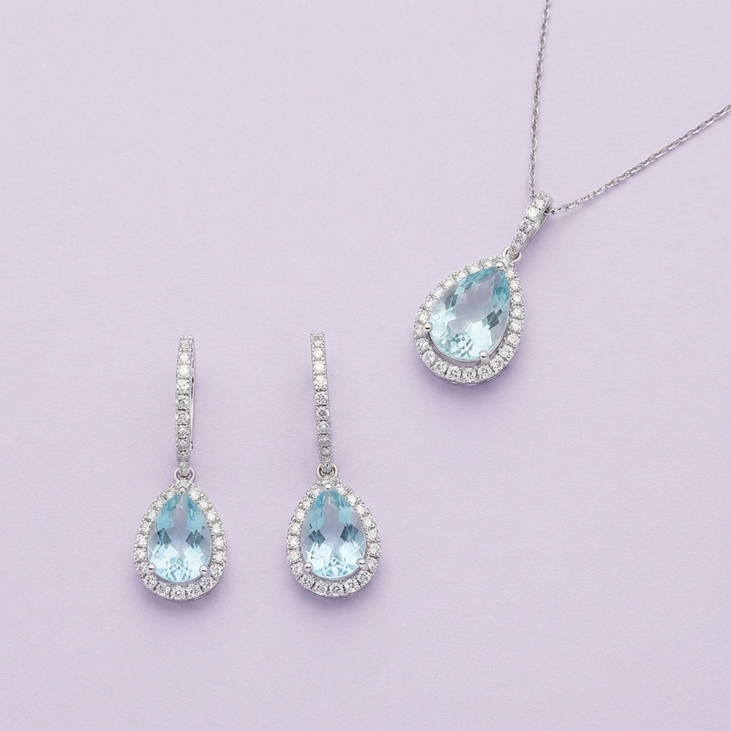 925 Silver Aquamarine Pear Pendant Set