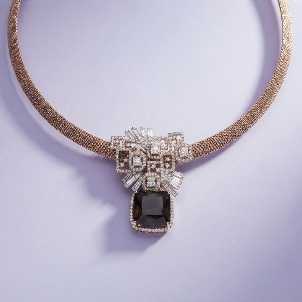 925 Silver Rose Gold Mesh Choker with Onyx Pendant