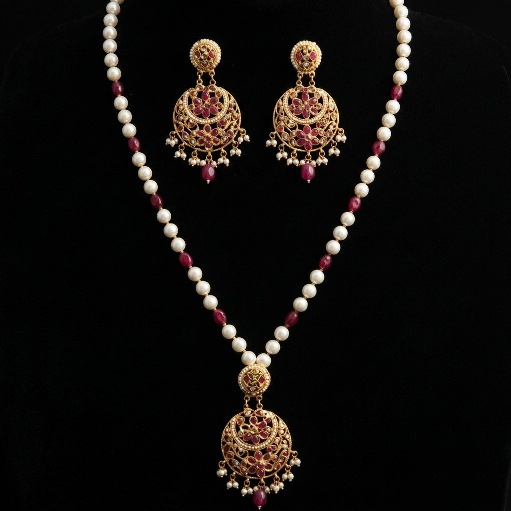 Pearl and Ruby Bead Long Necklace Set