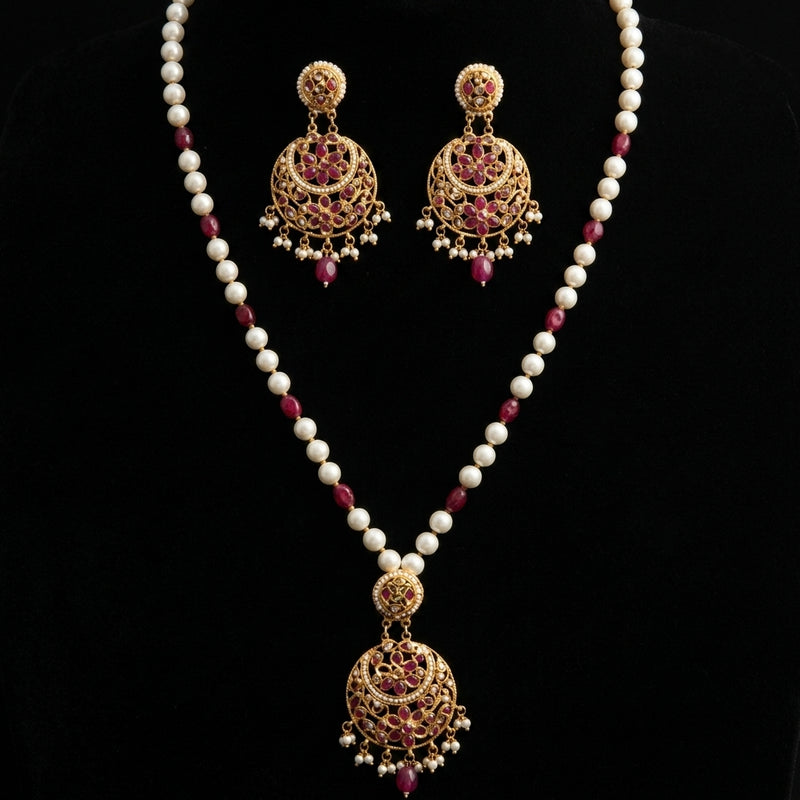 Pearl and Ruby Bead Long Necklace Set
