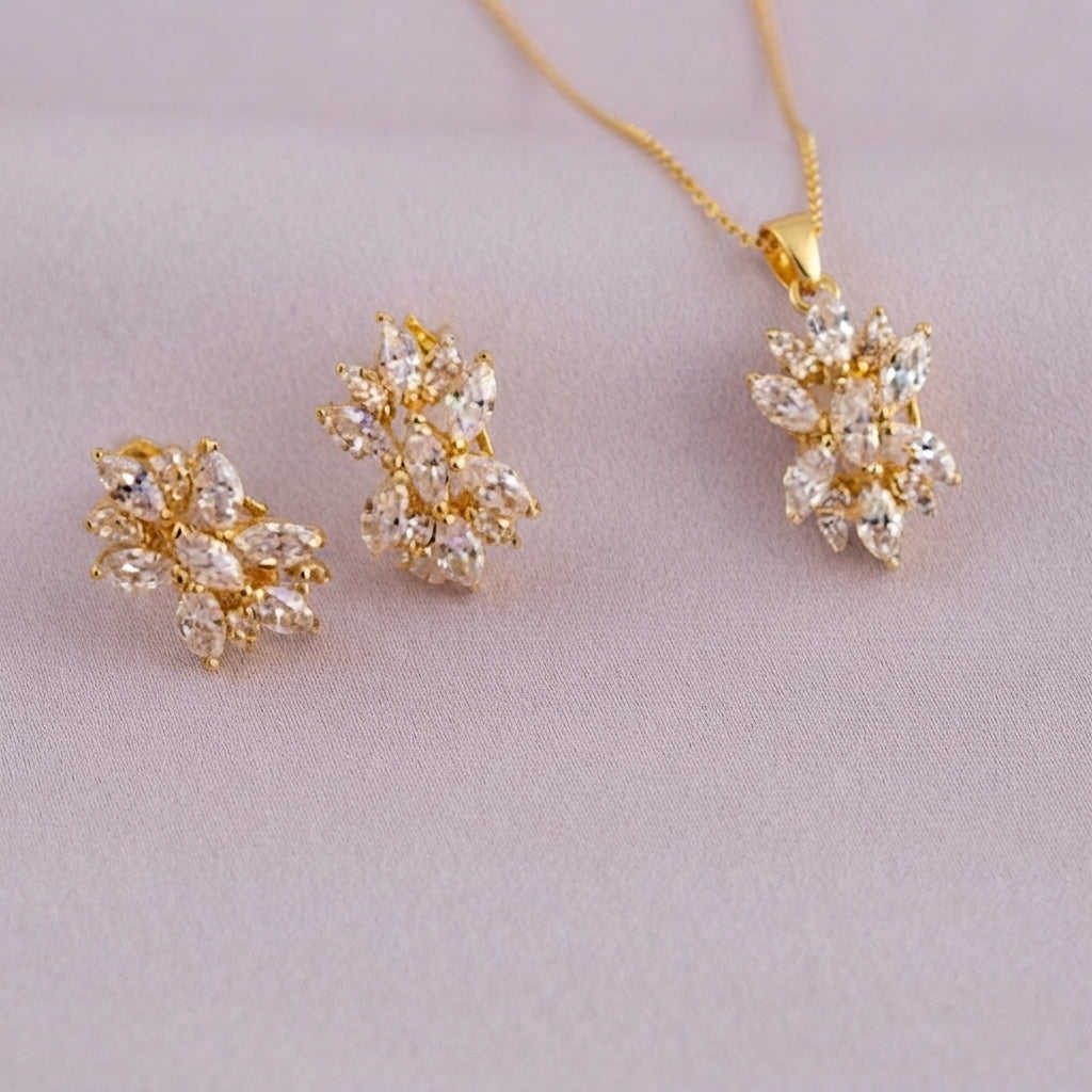 925 Silver Gold Crystal Blossom Pendant Set