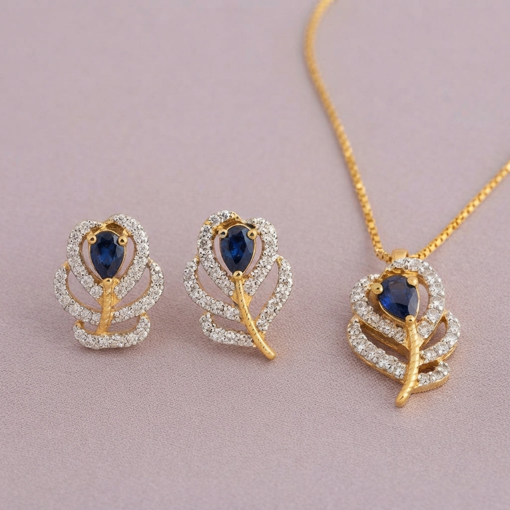 925 Silver Sapphire Feather Pendant Set