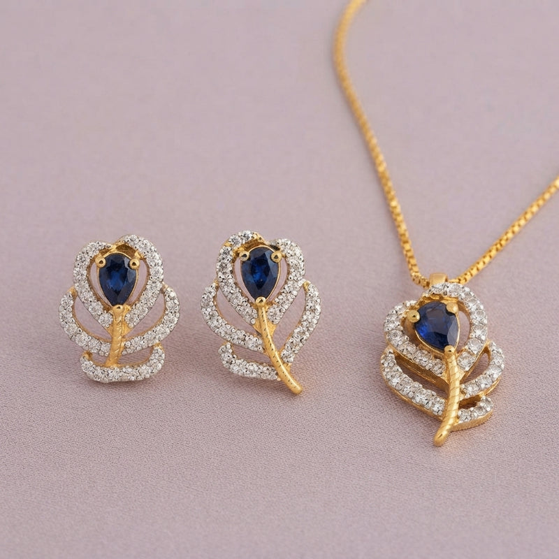 925 Silver Sapphire Feather Pendant Set