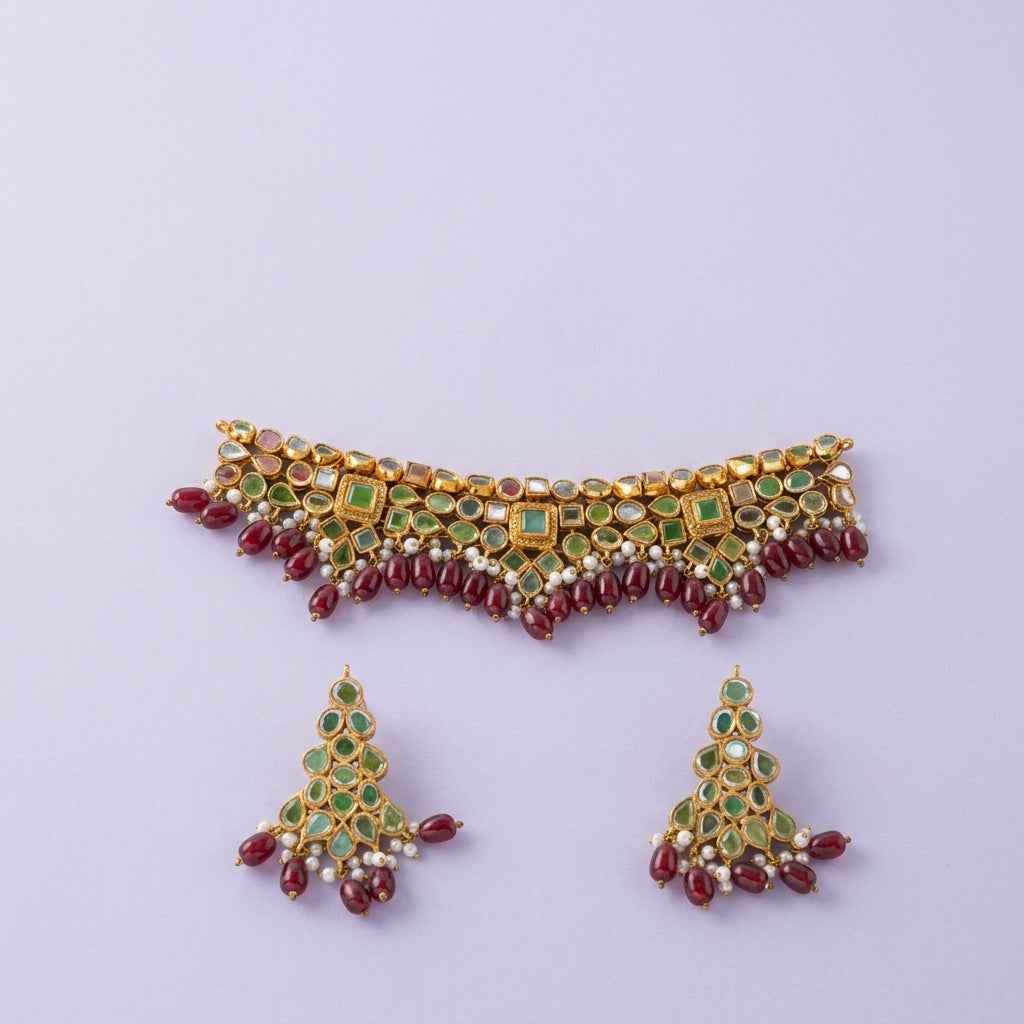 Ruby Bead Emerald Choker Set