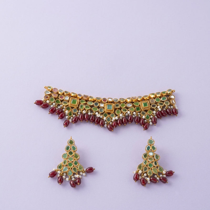 Ruby Bead Emerald Choker Set
