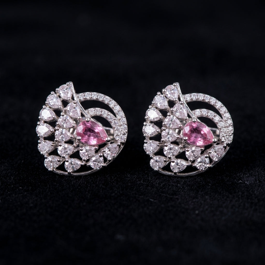 Pink Crystal Halo Stud Earrings