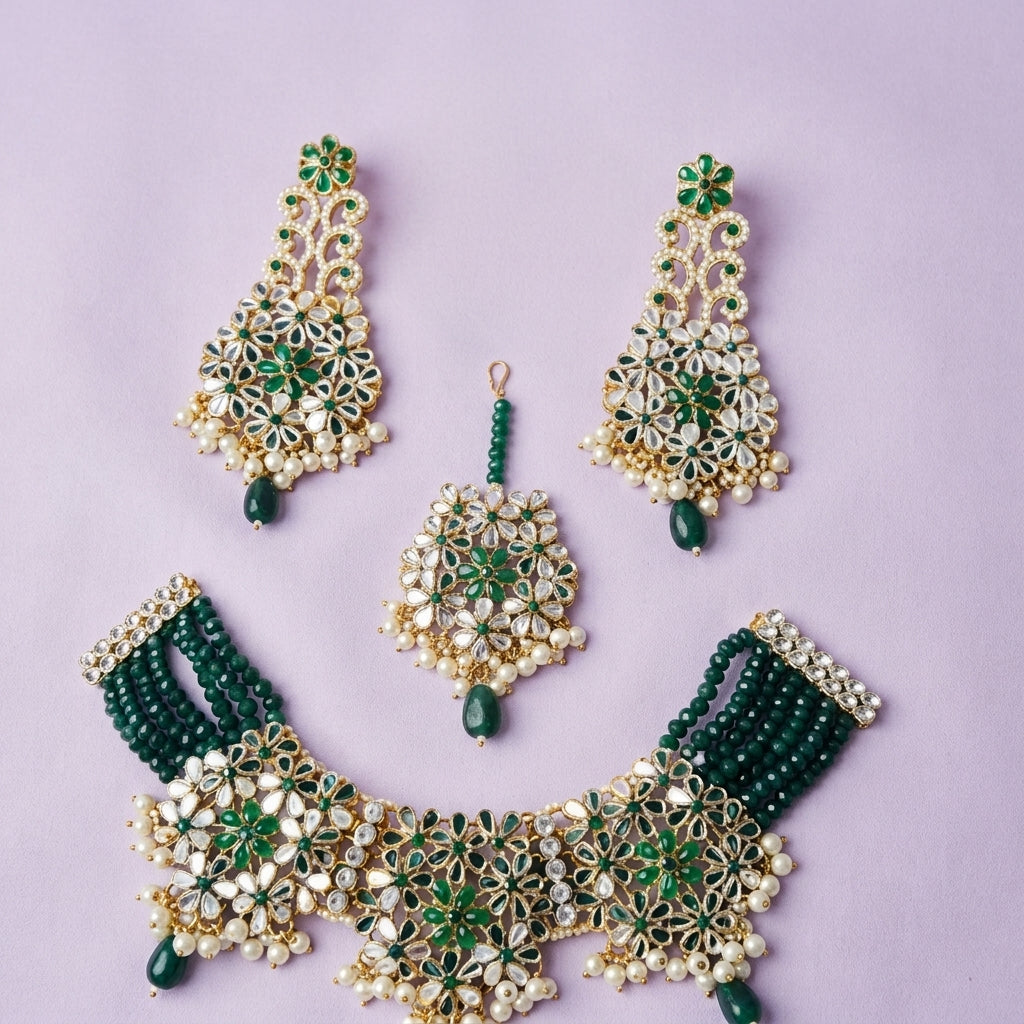 Emerald Bead Kundan Choker Set with Tikka