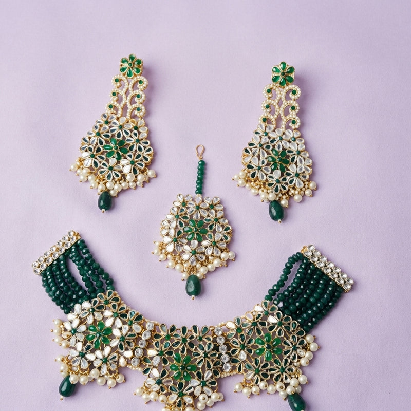 Emerald Bead Kundan Choker Set with Tikka