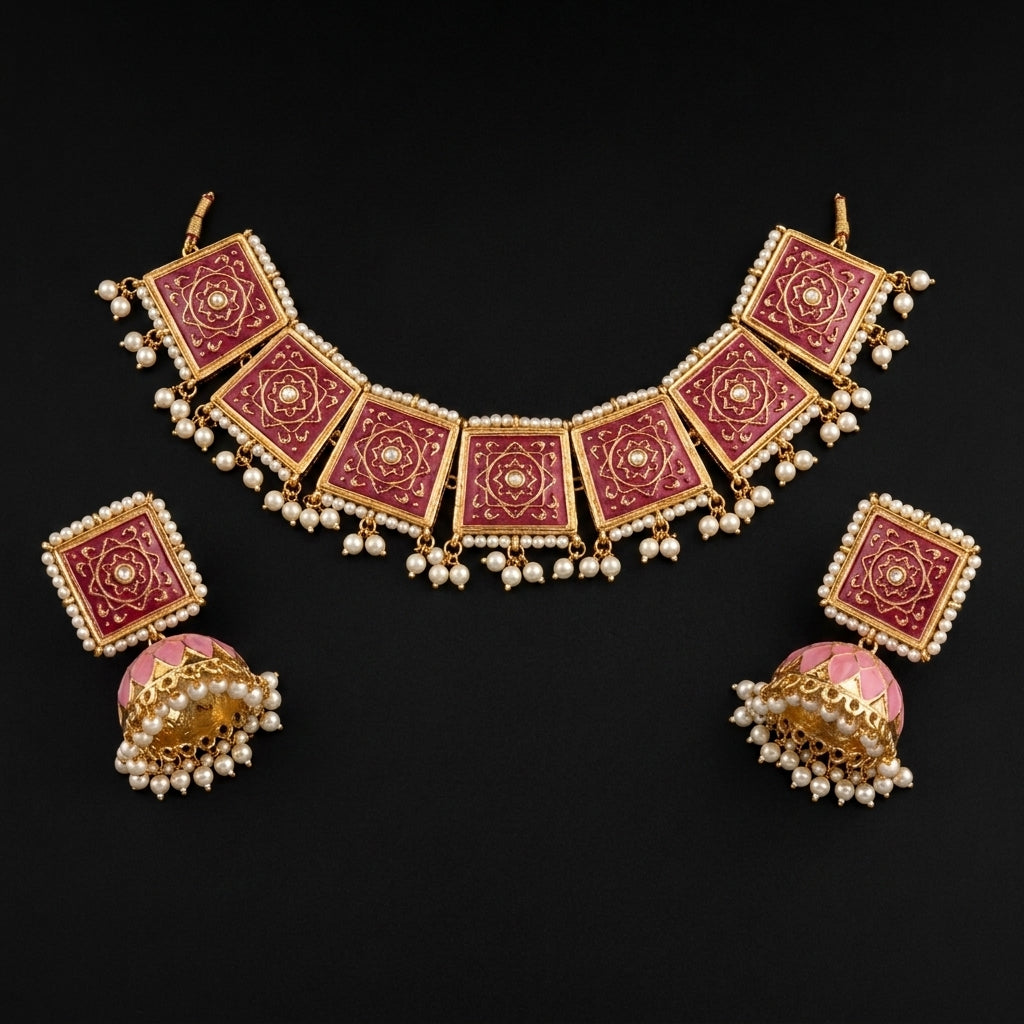 Pink Meenakari Choker Set with Jhumkas