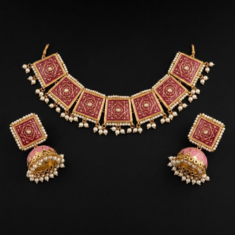 Pink Meenakari Choker Set with Jhumkas
