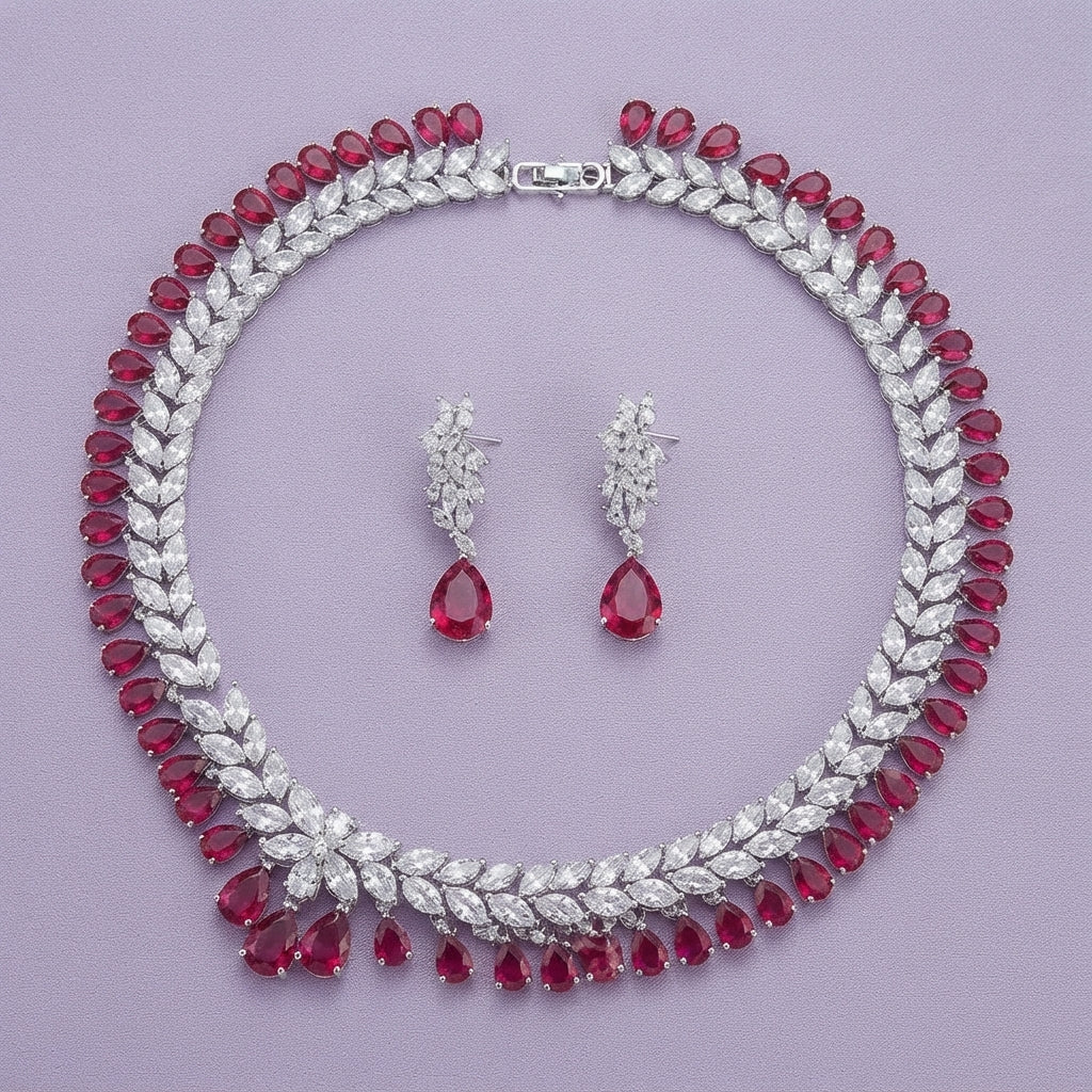 925 Silver Ruby Laurel Necklace Set