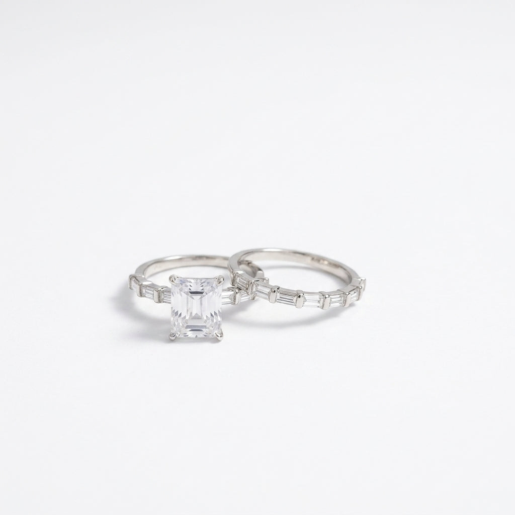 Emerald-Cut Crystal Bridal Ring Duo