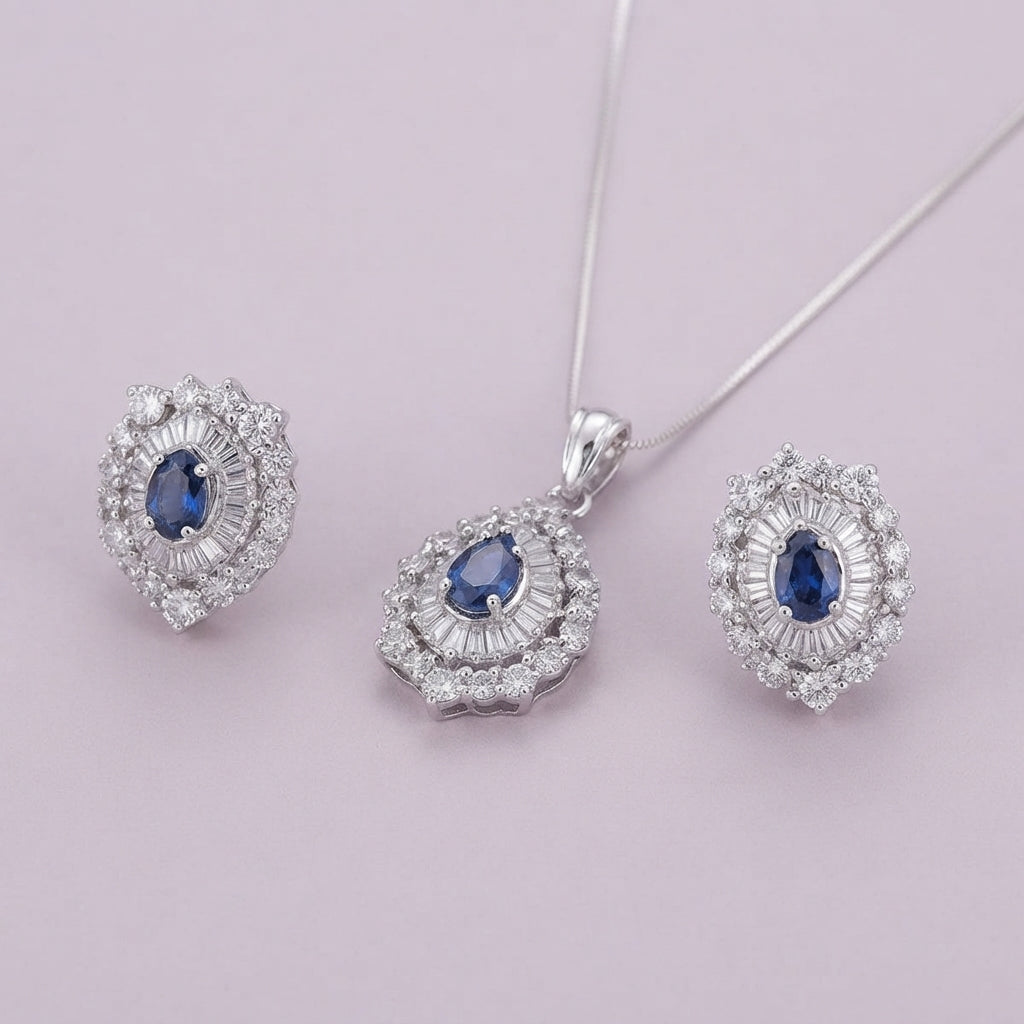 925 Silver Sapphire Halo Pendant Set