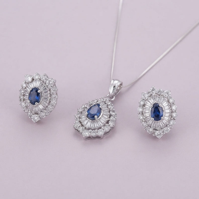 925 Silver Sapphire Halo Pendant Set