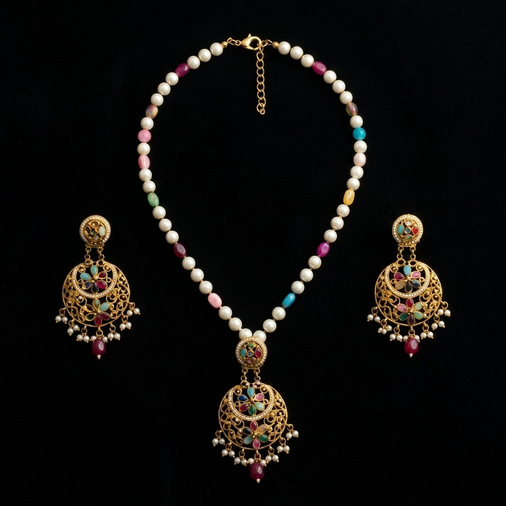Pearl and Ruby Bead Long Necklace Set – view 2