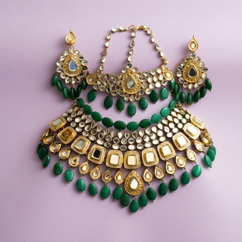 Emerald Kundan Bridal Set with Tikka