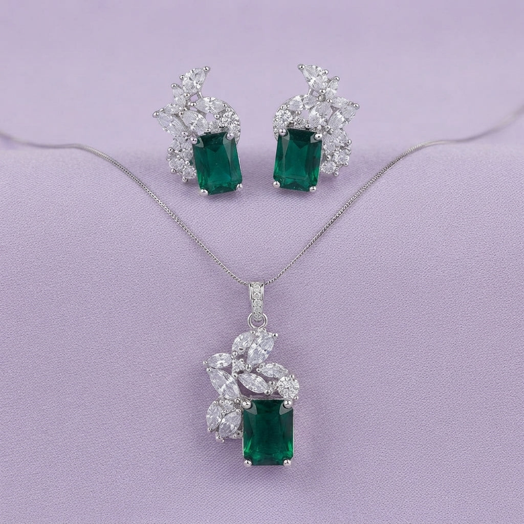 925 Silver Emerald Leaf Pendant Set
