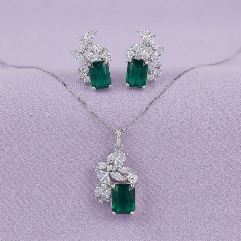 925 Silver Emerald Leaf Pendant Set