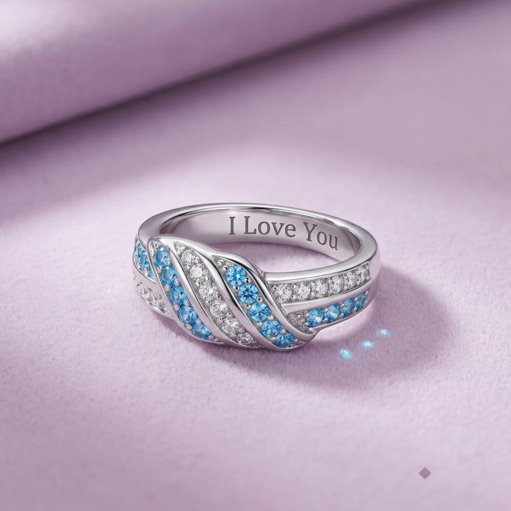 Engraved "I Love You" Blue & White Pavé Ring