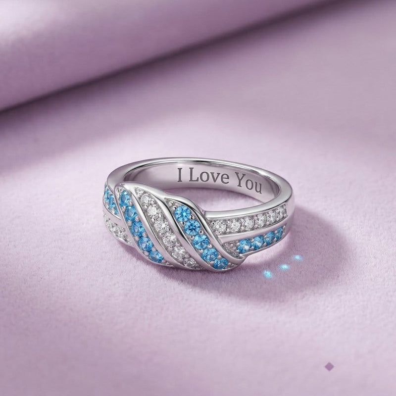 Engraved "I Love You" Blue & White Pavé Ring