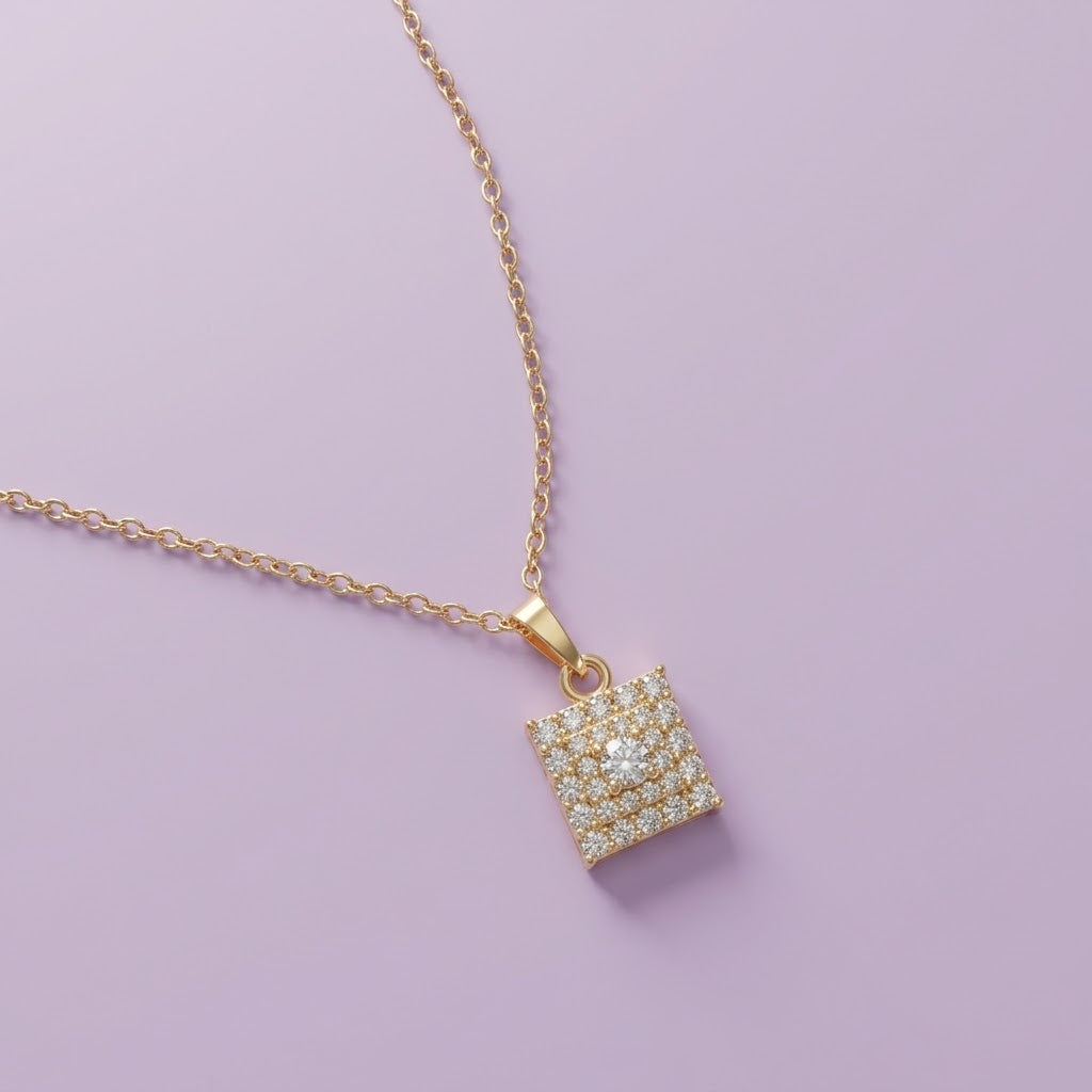 Geometric Pavé Square Pendant Necklace