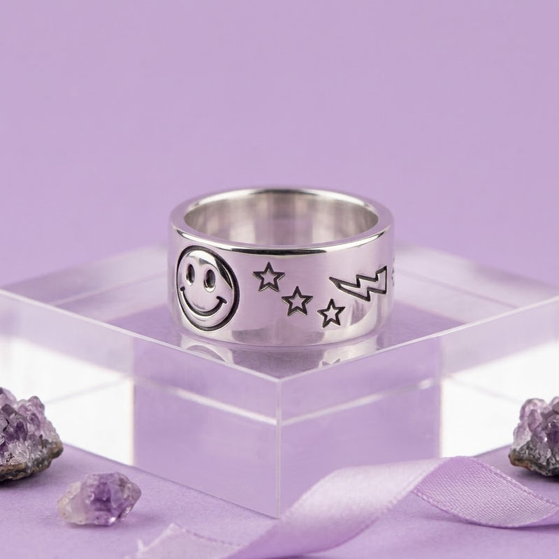 Smiley & Stars Engraved Silver Band
