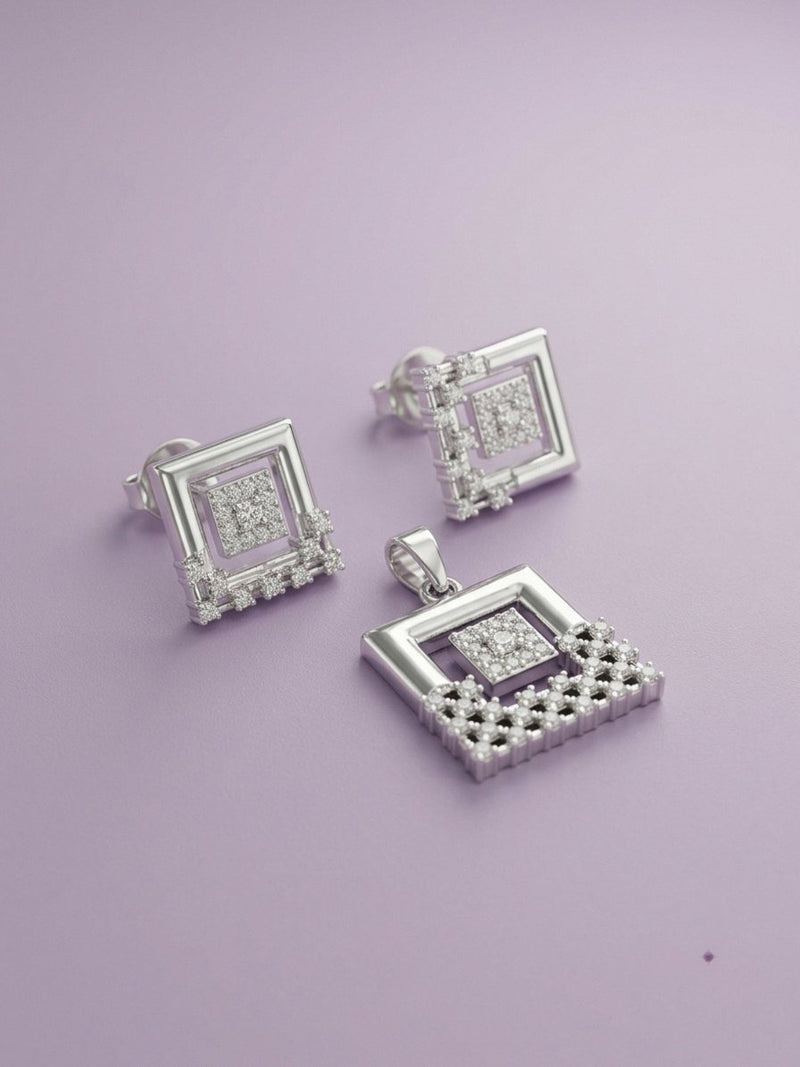 Geometric Square Diamond Jewelry Set (Pendant & Stud Earrings)
