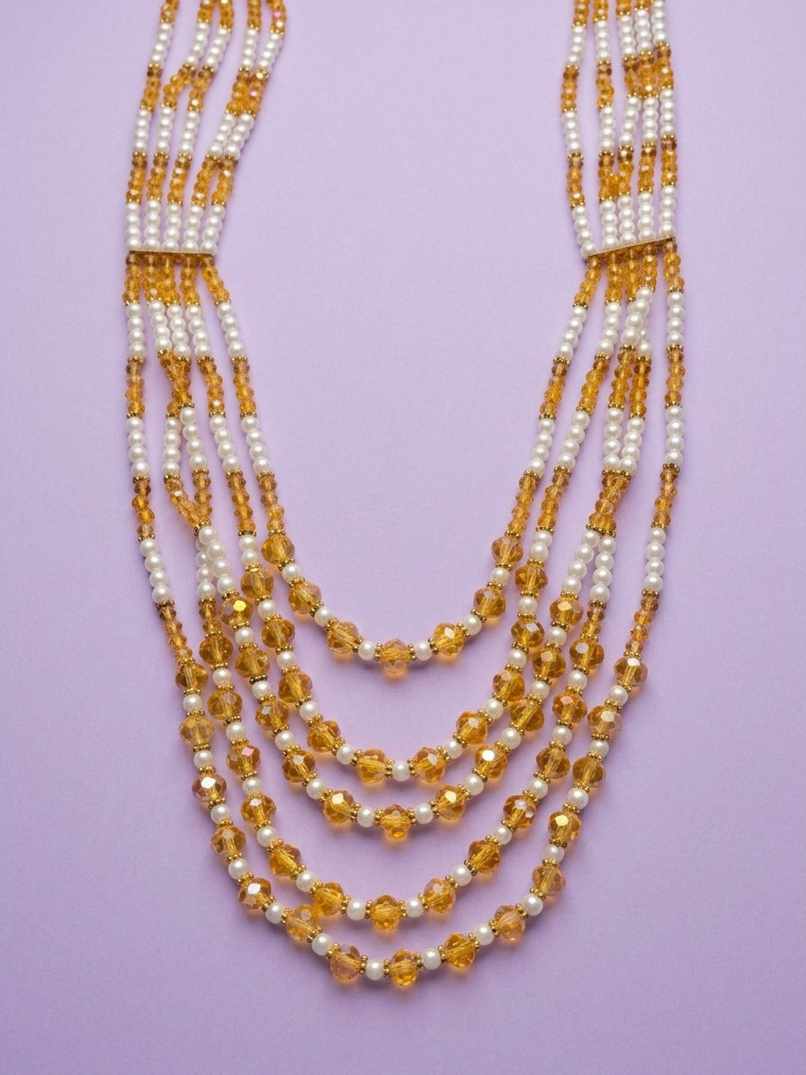 Amber Glow Layered Pearl & Crystal Mala Necklace