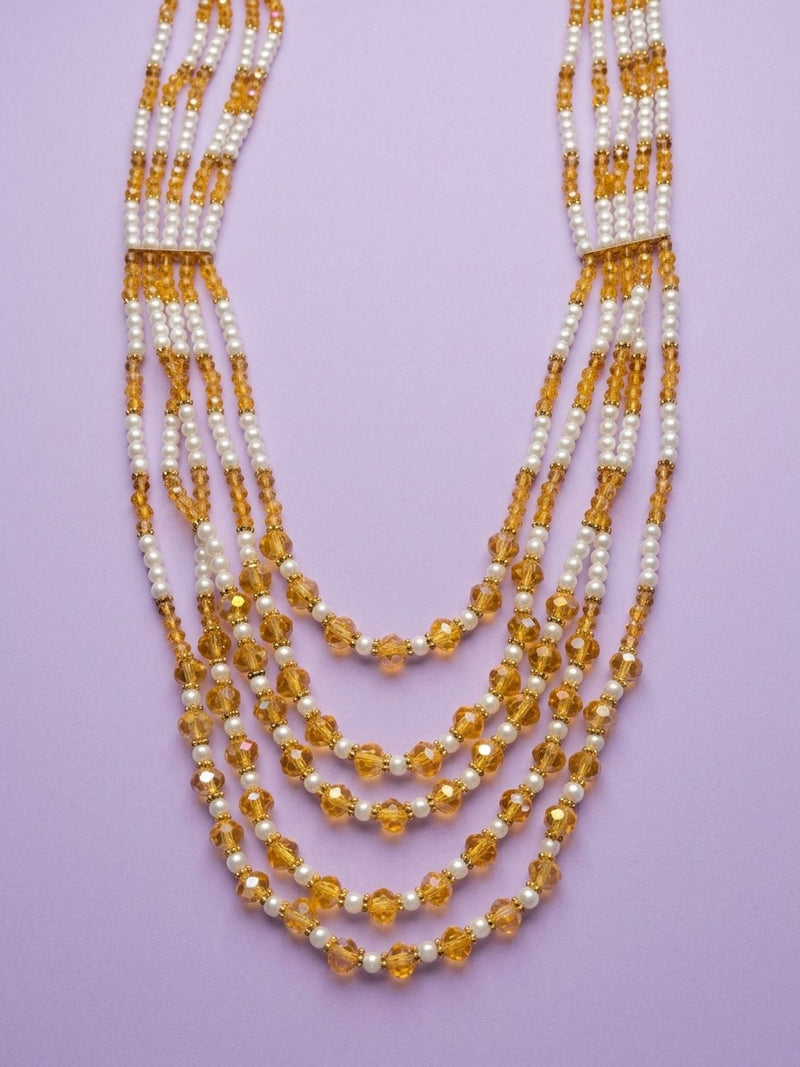 Amber Glow Layered Pearl & Crystal Mala Necklace