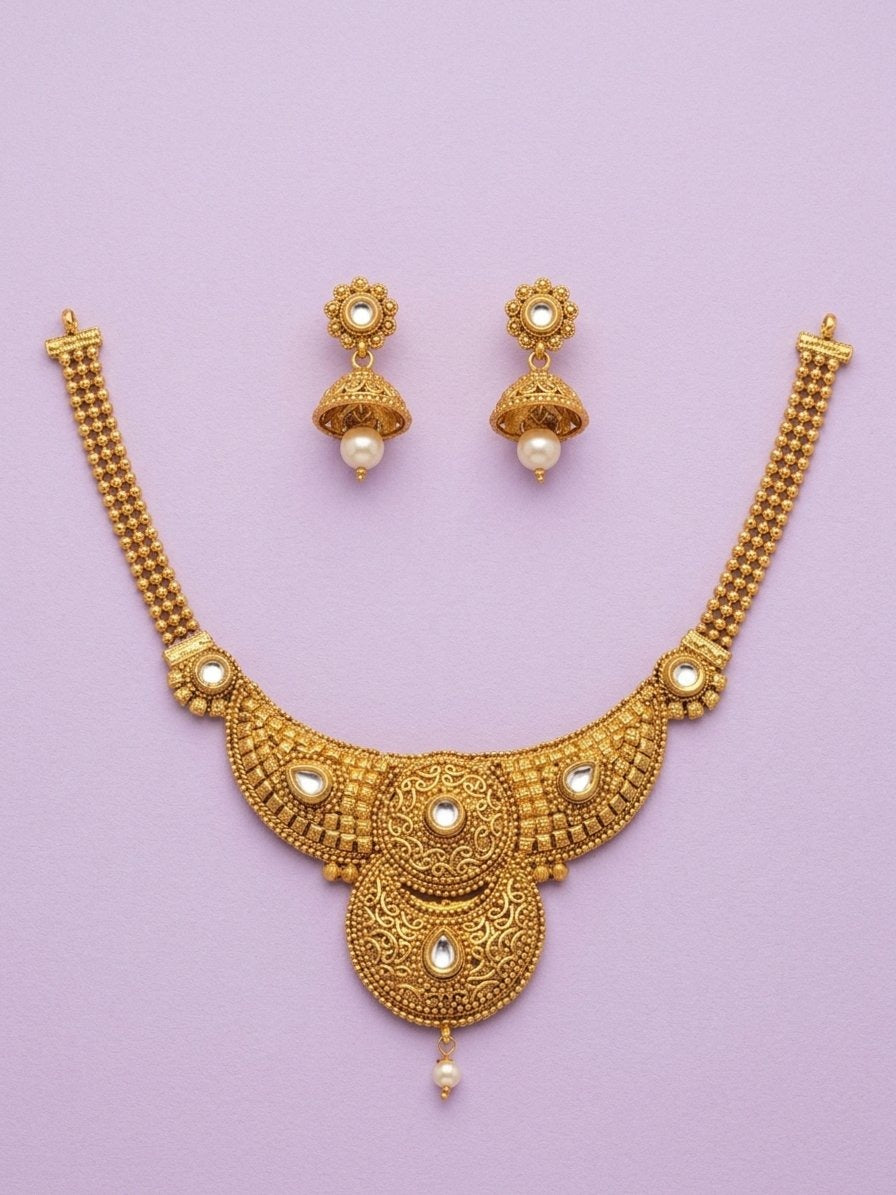 Heritage Gold Filigree Kundan & Jhumka Necklace Set