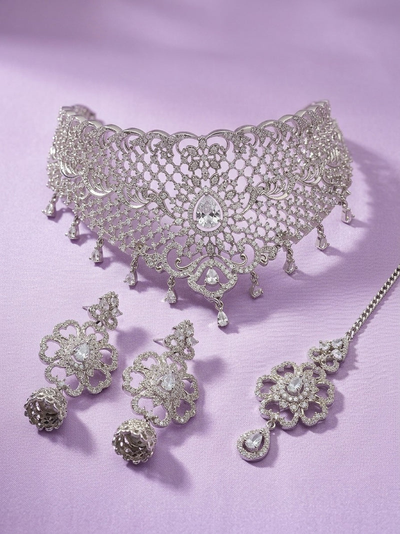 Silver Filigree Floral Choker & Jhumka Set with Maang Tikka
