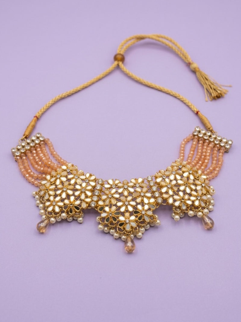Peach Floral Mirror Kundan Choker Necklace