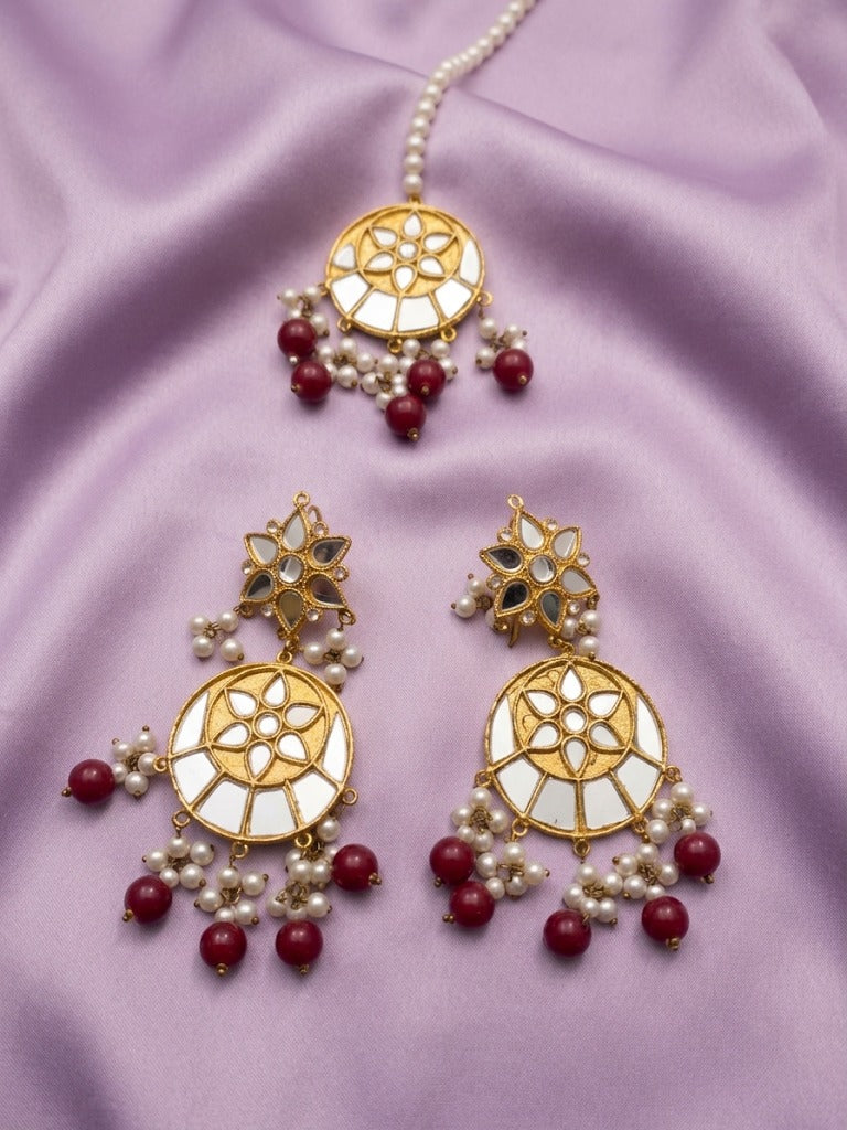 Crimson Mirror Chandbali Earrings & Maang Tikka Set
