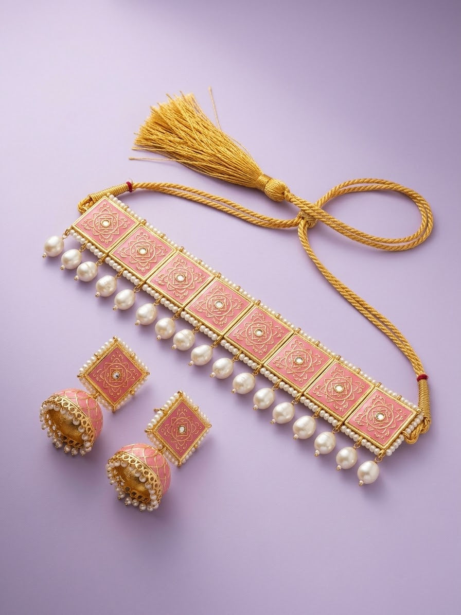 Pink Meenakari Choker Set with Jhumkas