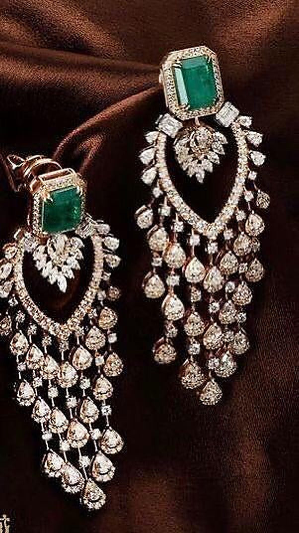 925 Silver Emerald Fringe Chandelier Earrings - Full pair